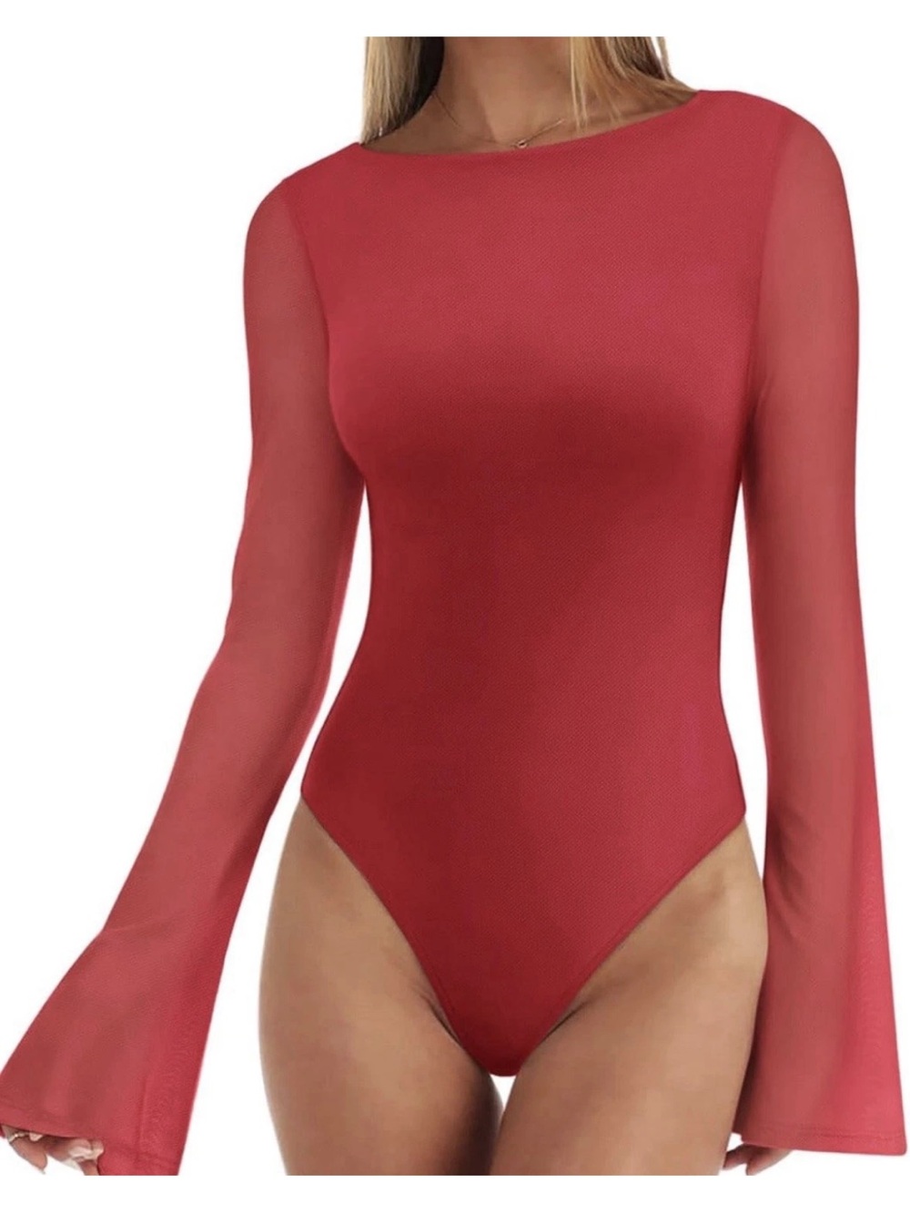ReoRia Red Sheer Long-Sleeve Bodysuit